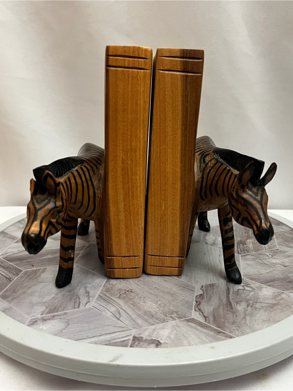 Vintage Hand Carved Wooden Zebra Bookends Pair African Safari Animal Decor